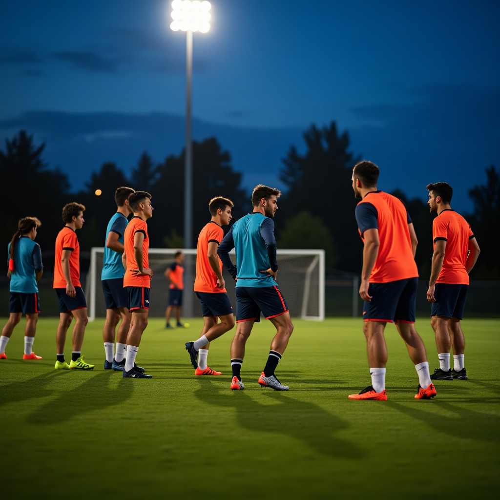 Adult soccer players receiving tactical instruction during an evening training session