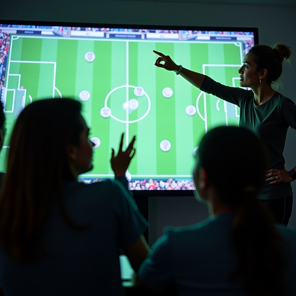 Soccer coach analyzing player performance and providing technical feedback