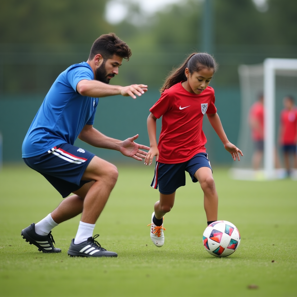 Professional coach demonstrating precise ball control techniques to attentive players