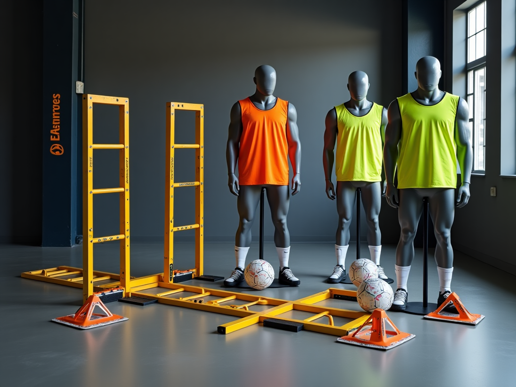 Professional soccer training equipment including agility ladders, cones, and specialized gear