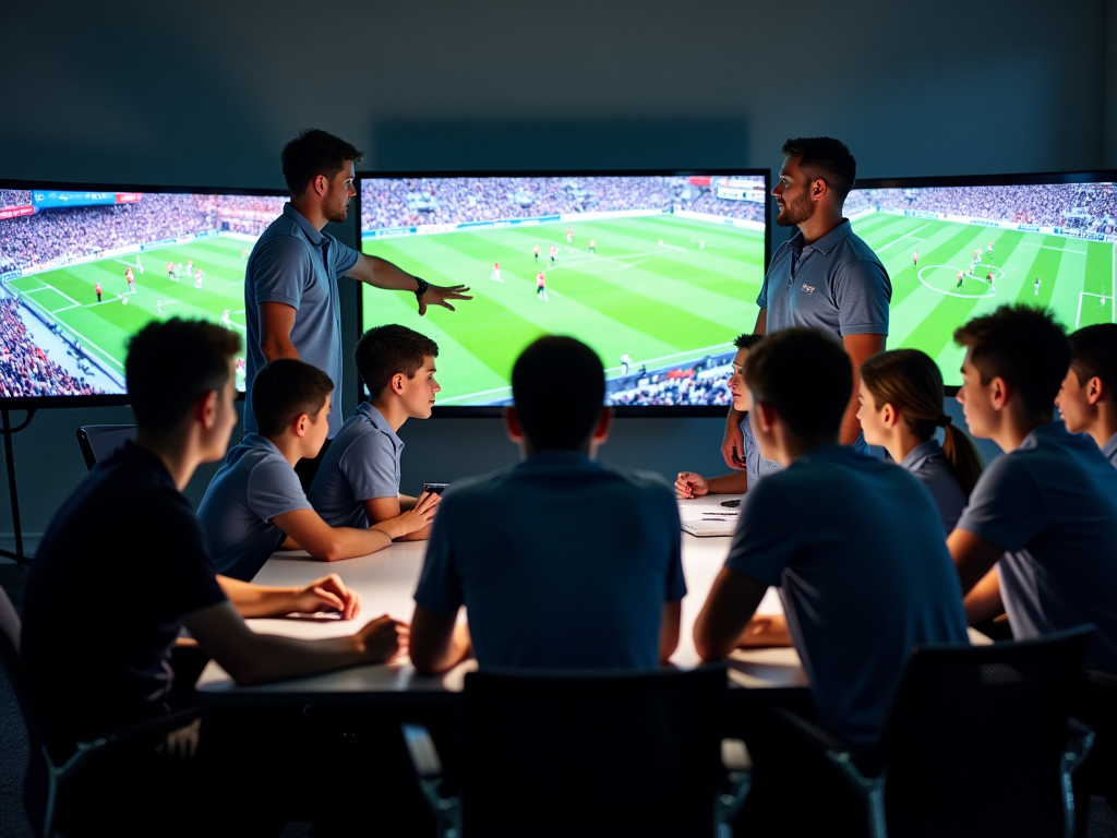Coach and players reviewing tactical formations and analyzing game footage on digital displays