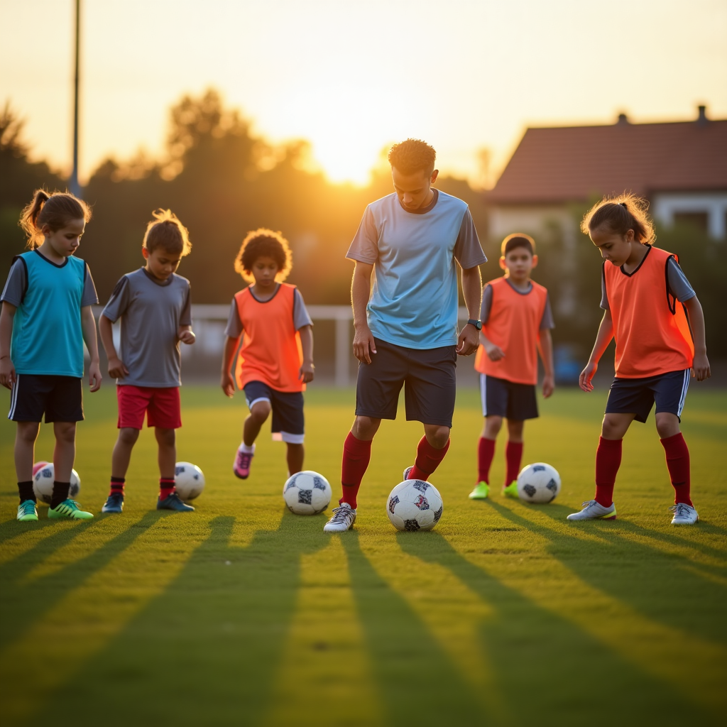 Young soccer players training with a coach on a professional field