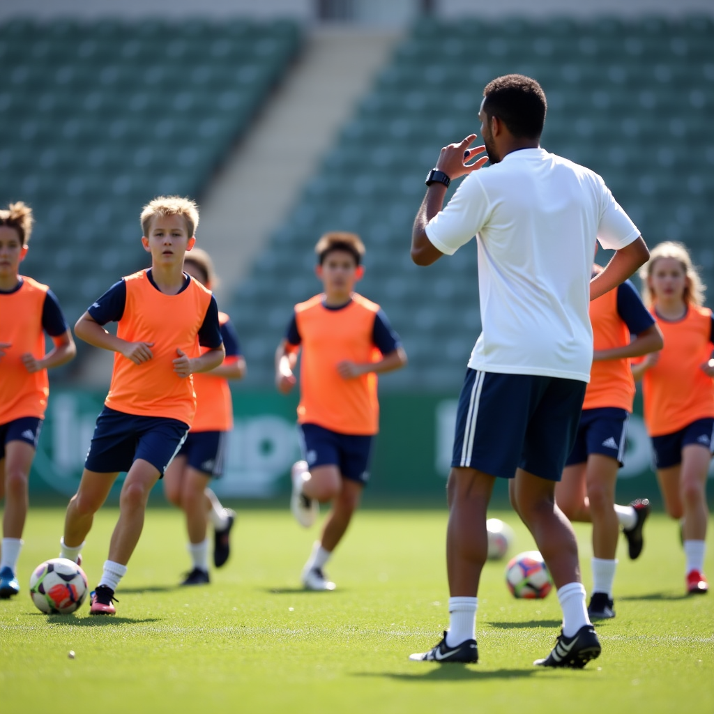 Teenage soccer team practicing advanced drills with professional coaches