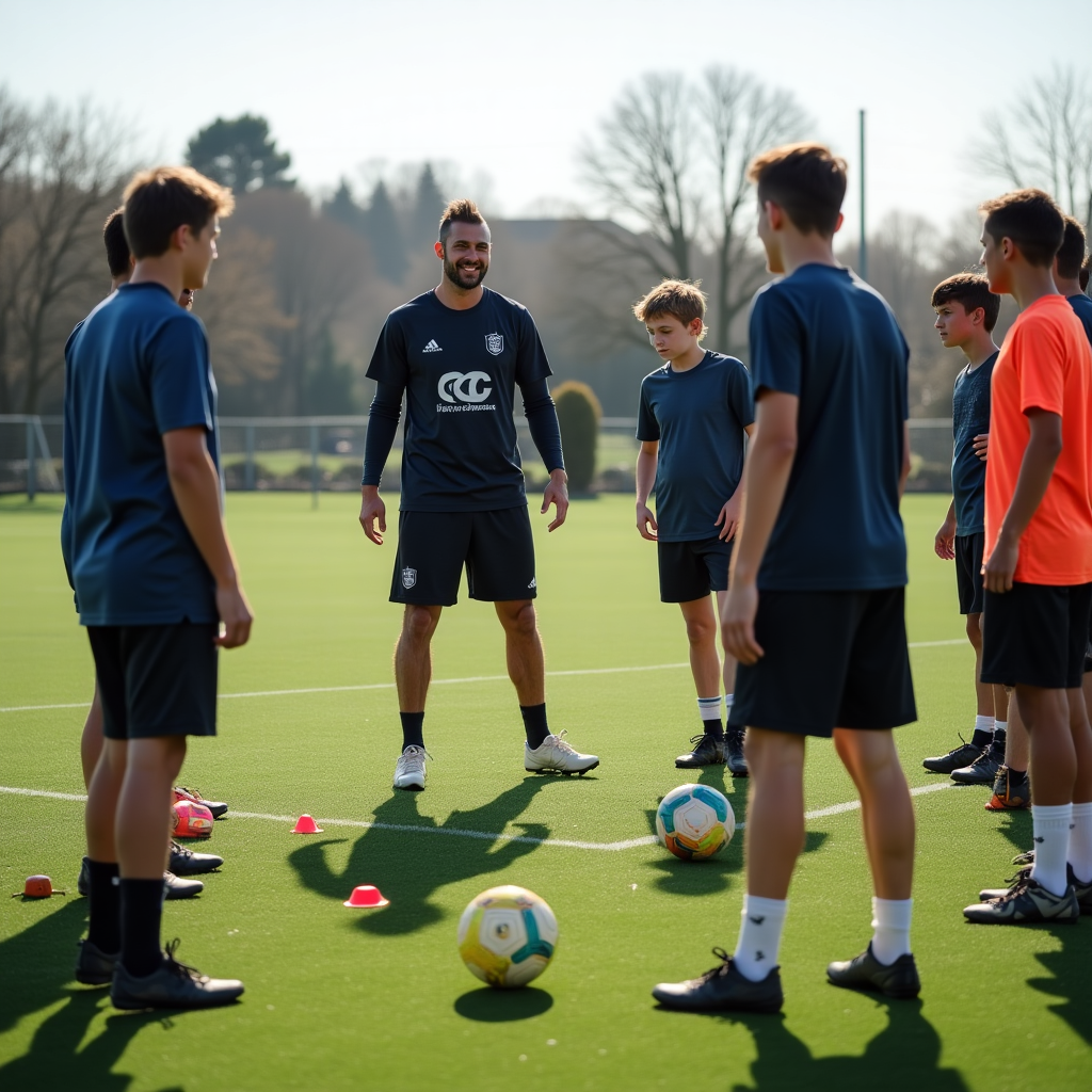 Professional coach demonstrating soccer techniques to attentive young players