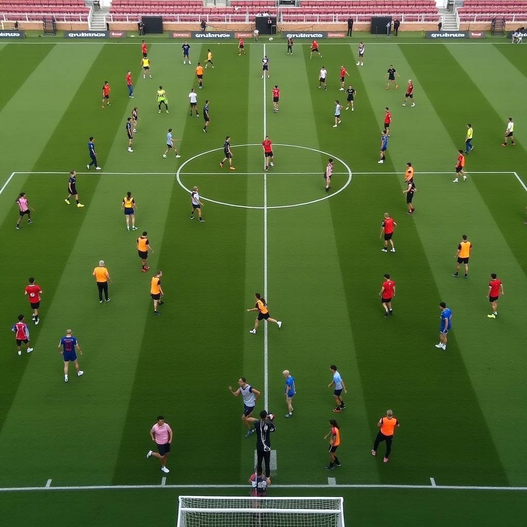 Group of diverse players engaged in structured training drill with professional equipment