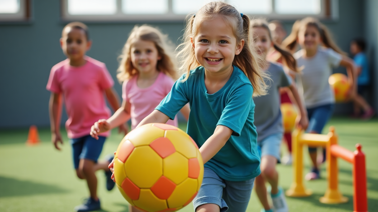 Group of young children practicing soccer skills with colorful equipment